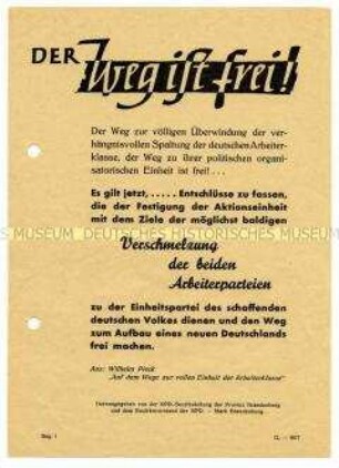 Flugblatt der KPD und der SPD in Brandenburg zur Bekräftigung der Notwendigkeit einer sozialistischen Einheitspartei in Deutschland