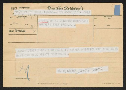 Brief von Hans Frentz und Hede Frentz-Sudermann an Gerhart Hauptmann