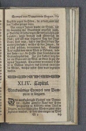 XLIV. Capitul. Merckwürdige Exempel von Vampiren in Ungarn.