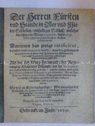 Beschlüsse der Ober- und Niederschlesischen Stände zu den Beschlüssen des Prager Landtages 1619