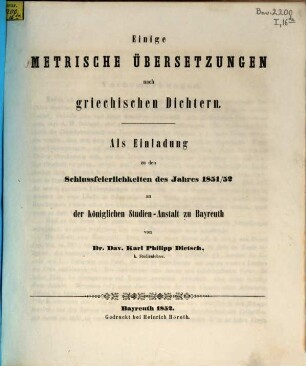 Einige metrische Übersetzungen nach griechischen Dichtern