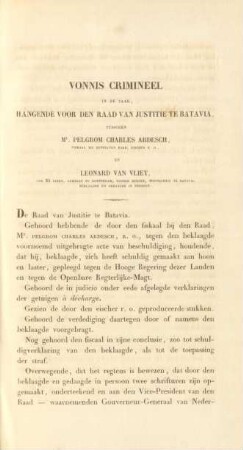 Vonnis crimineel in de zaak,hangende voor den raad van justitie te Batavia, tusschen Mr. Pelgrom Charles Ardesch, ... en Leonard van Vliet, ...
