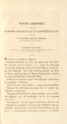 Vonnis crimineel in de zaak,hangende voor den raad van justitie te Batavia, tusschen Mr. Pelgrom Charles Ardesch, ... en Leonard van Vliet, ...