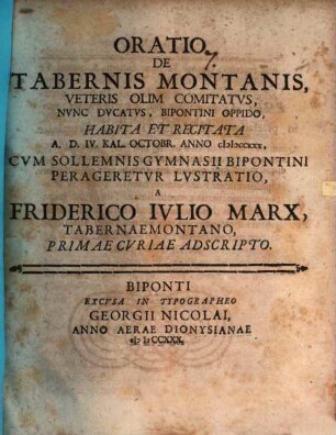 Oratio de Tabernis Montanis, Veteris olim comitatus, nunc ducatus Bipontini oppido