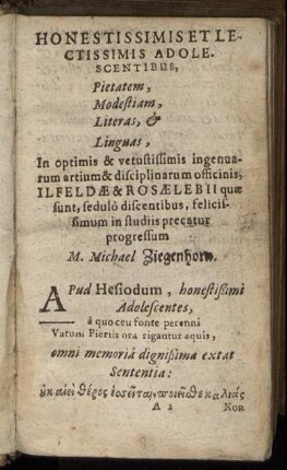 Honestissimis Et Lectissimis Adolescentibus, Pietatem, Modestiam, Literas, & Linguas