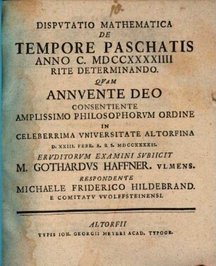Disputatio Mathematica De Tempore Paschatis Anno C. MDCCXXXXIIII Rite Determinando