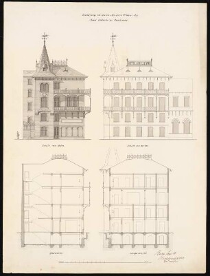 Hotel Bellevue, Cuxhaven Umbau: Ansicht von der Hafenseite, Ansicht von der Seeseite, Längsschnitt, Querschnitt