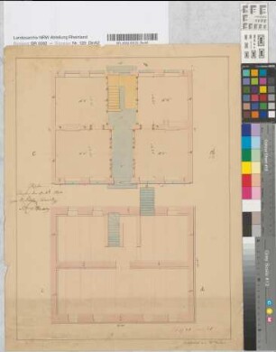 [Entwurf eines Wohngebäudes.] Vorderansicht, Grundrisse und Schnitte z.T. kolorierte Probezeichnungen von W. Hansen, Aachen