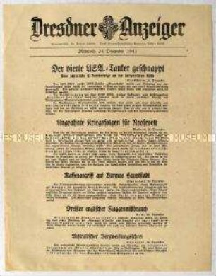 Nachrichtenblatt "Dresdner Anzeiger" u.a. zu kriegswirtschaftlichen Folgen für Roosevelt