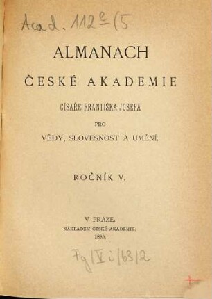Almanach České Akademie Cisaře Františka Josefa pro Vědy, Slovesnost a Umění. 5. 1895