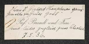 Brief von Alois Brandl und Jula Brandl an Gerhart Hauptmann