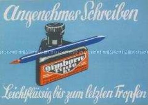 Werbeschild für "Gimborn Tinte angenehmes Schreiben Leichtflüssig bis zum letzten Tropfen"