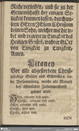 Litaney Vor alle abgestorbene Christigläubige Brüder und Schwestern dieser Versammlung, wellche alle Monaath bey öffentlicher Zusammenkunft gebetet wird