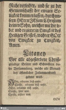 Litaney Vor alle abgestorbene Christigläubige Brüder und Schwestern dieser Versammlung, wellche alle Monaath bey öffentlicher Zusammenkunft gebetet wird