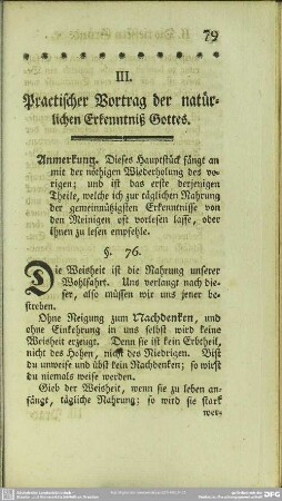 III. Practischer Vortrag der natürlichen Erkenntniß Gottes