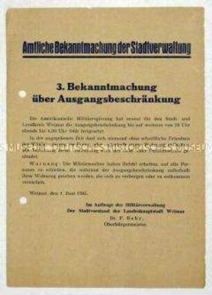 Amtliche Bekanntmachung der Stadtverwaltung von Weimar im Auftrag der Amerikanischen Militärverwaltung zur Festsetzung einer Ausgangsbeschränkung