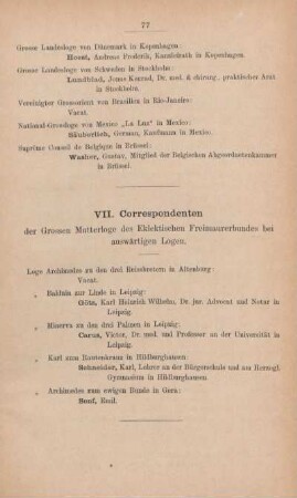 VII. correspondenten der Grossen Mutterloge des Eklektischen Freimaurerbundes bei auswärtigen Logen.