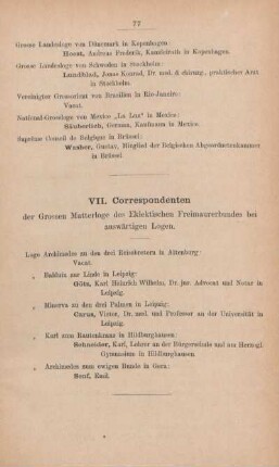 VII. correspondenten der Grossen Mutterloge des Eklektischen Freimaurerbundes bei auswärtigen Logen.