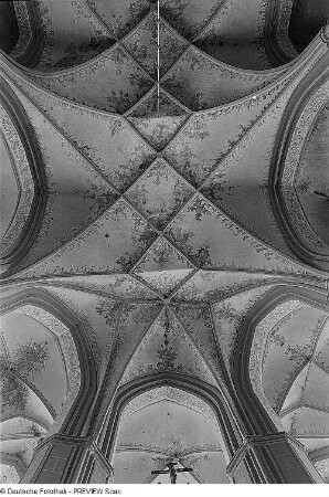 Brandenburg. Pfarrkirche St. Katharinen (1401/1434), Inneres, Netzgewölbe im Mittelschiff mit Malereien