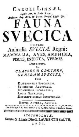 Caroli Linnæi ... Fauna Svecica, sistens animalia Sveciæ Regni