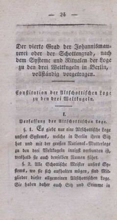 I. Verfassung der Altschottischen Loge.