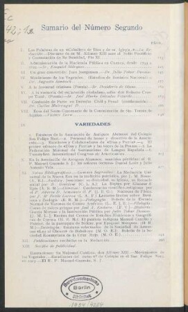 Sumario del número segundo
