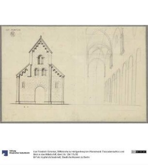 Stiftskirche zu Heiligenkreuz im Wienerwald. Fassadenaufriss und Blick in das Mittelschiff