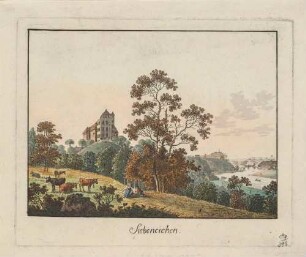 Das Schloss Siebeneichen, am südlichen Elbhang in Meißen im Stadtteil Siebeneichen, im Hintergrund der Burgberg mit dem Schloss von Meißen