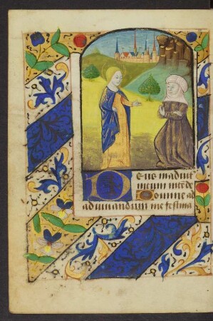 Vollbordürenseite mit Miniatur (Heimsuchung), Initiale D und Streumusterbordüre