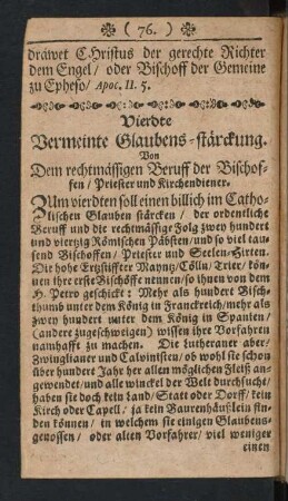 Vierdte Vermeinte Glaubens-stärckung. Von Dem rechtmässigen Beruff der Bischoffen/ Priester und Kirchendiener.