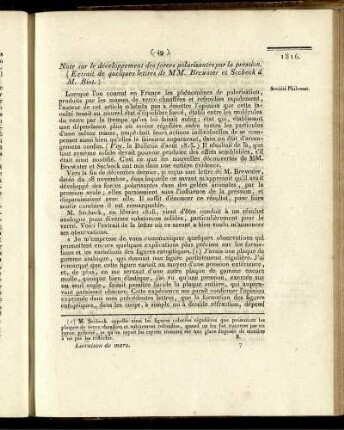 Note sur le développement des forces polarisantes par la pression. (Extrait de quelques lettres de MM. Brewster et Secbeck á M. Biot.)