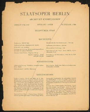 Satzspiegelvariante für das Handbuch "Das Deutsche Theater" Staatsoper, Berlin: Daten zu Baugeschichte und Bühnentechnik, mehrseitiges Dokument