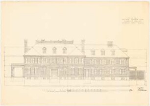 Landsitz Lindenhof, Warnsdorf: Ansicht der Eingangsseite 1:50, Maßstabsleiste, Maßangaben