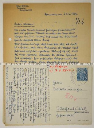 Serie von einem Brief und zwei Postkarten eines Kollegen an den Journalisten Walter Timpe während seiner Haft in der JVA Wolfenbüttel