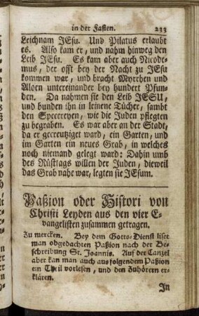 Paßion oder Histori von Christi Leyden aus den vier Evangelisten zusammen getragen. - Am Sambstag oder Heil. Oster-Abend.