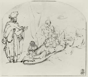 Orientale spricht mit einer liegenden Frau (Laban mit der goldenen Seraphin)