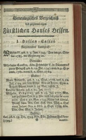 Genealogisches Verzeichniß des gegenwaertigen Fuerstlichen Hauses Hessen