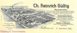 Briefbogen der Betonwarenfabrik Ch. Heinrich Gültig mit Firmenansicht [Weipertstraße 29]