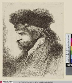 Un homme vu de profil et tourné al la gauche [Kopf eines Mannes mit orientalischem Kopfschmuck im Profil nach links]