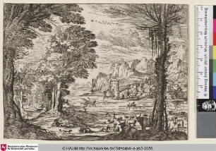 [Landschaft mit großer Rinderherde vor Fluss]