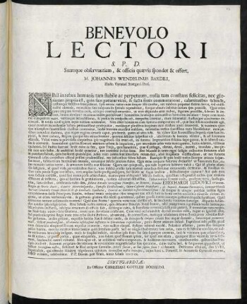 Benevolo Lectori S. P. D. Suamque observantiam, & officia quaevis spondet & offert, M. Johannes Wendelinus Bardili, Illustr. Gymnas. Stuttgard. Prof.
