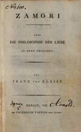 Zamori Oder Die Philosophie Der Liebe : in zehn Gesängen