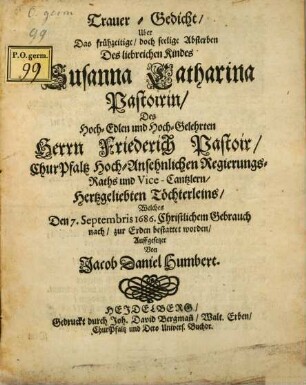 Trauer-Gedicht über den Tod der Susanna Catharina Pastorin