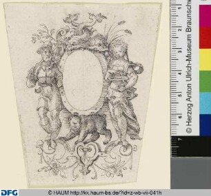 Leeres Schild mit allegorischen Figuren