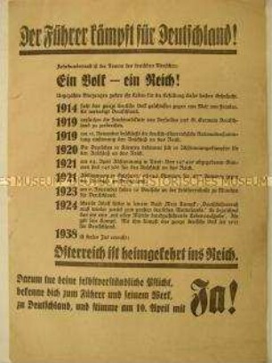 Flugblatt zur Abstimmung über den "Anschluss" Österreichs und zu den Reichstagswahlen vom 10.04.1938