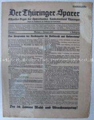 Regionales Mitteilungsblatt "Der Thüringer Sparer" u.a. zum Programm der Reichspartei für Volksrecht und Aufwertung