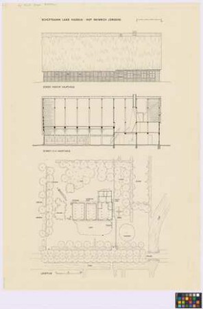 Schüttdamm (Land Hadeln [Landkreis Neuhaus]): Hof Heinrich Jürgens. - Lageplan mit Scheune (Grundriss), Schweinehaus (Grundriss), Dung (Umriss), Haupthaus (Grundriss), Göpel (Grundriss), Tränke (Grundriss). - Haupthaus (Süd-Ost-Seiten-Ansicht, Längsschnitt G-H)