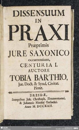 1: Dissensuum In Praxi Praeprimis Iure Saxonico occurrentium