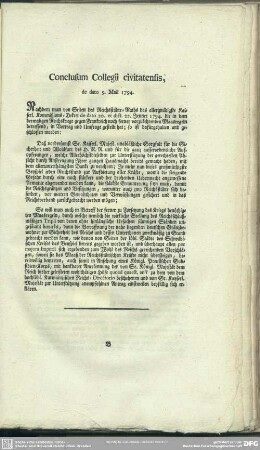 Conclusum Collegii civitatensis, de dato 5. Maii 1794