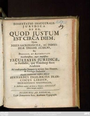 Dissertatio Inauguralis Juridica De Eo, Quod Justum Est Circa Diem